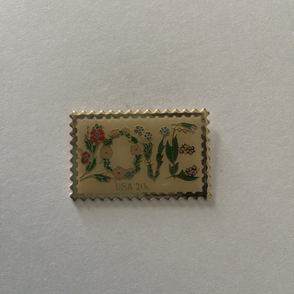 USPS Postage Stamp Lapel Pin LOVE Floral 1982 USA 20c Gold Tone Brooch Pinback